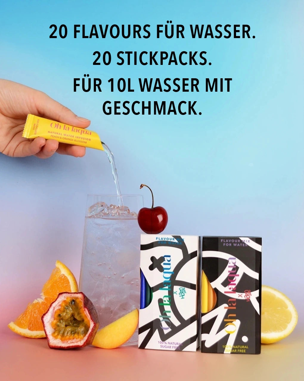 OH LA LAQUA Flavours Mix contains 20 delicious flavors for water. For 10L of flavored water.