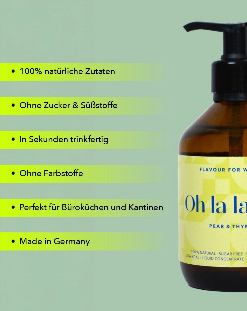 Pumpspender für Büroküchen und Kantinen mit zuckerfreiem Getränkekonzentrat. Geschmack: Birne & Thymian.