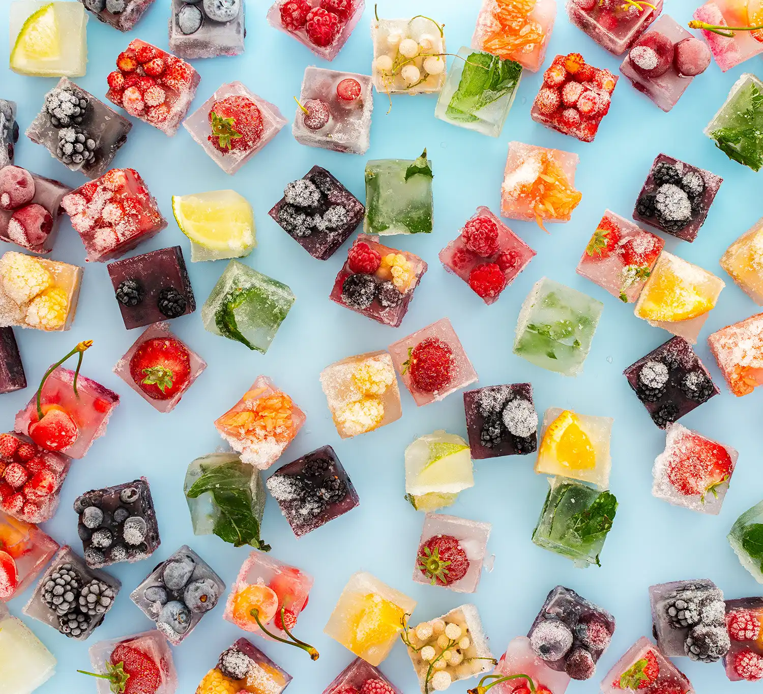 various fruits in ice cubes