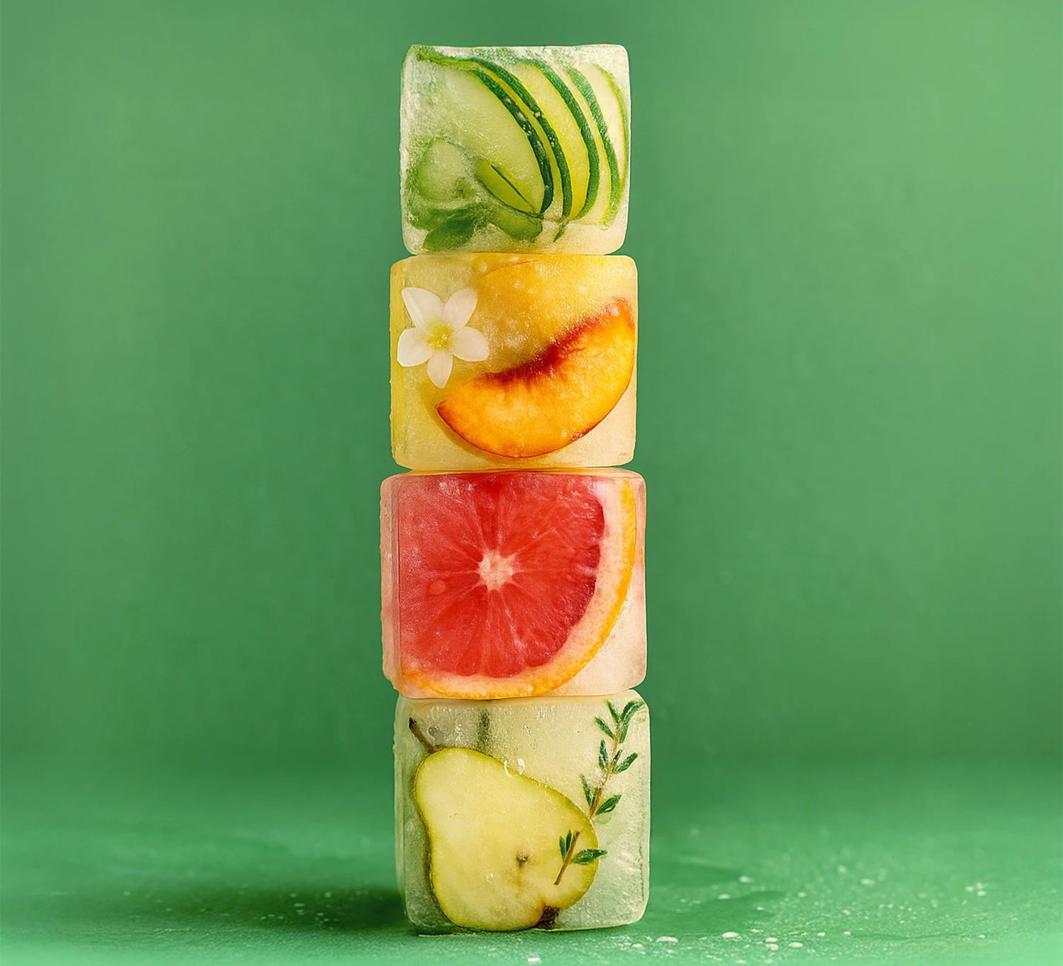 Früchte in Eiswürfeln: Limette, Pfirsich, Grapefruit, Birne