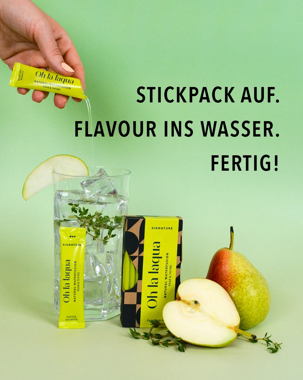 OH LA LAQUA: Stickpack auf, Flavour ins Wasser, trinkfertig
