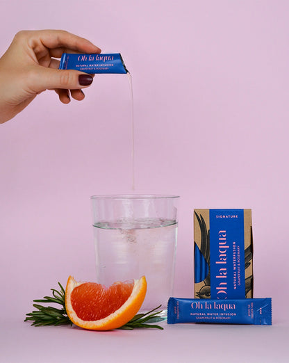 Flavored water: OH LA LAQUA Grapefruit & Rosemary (application)